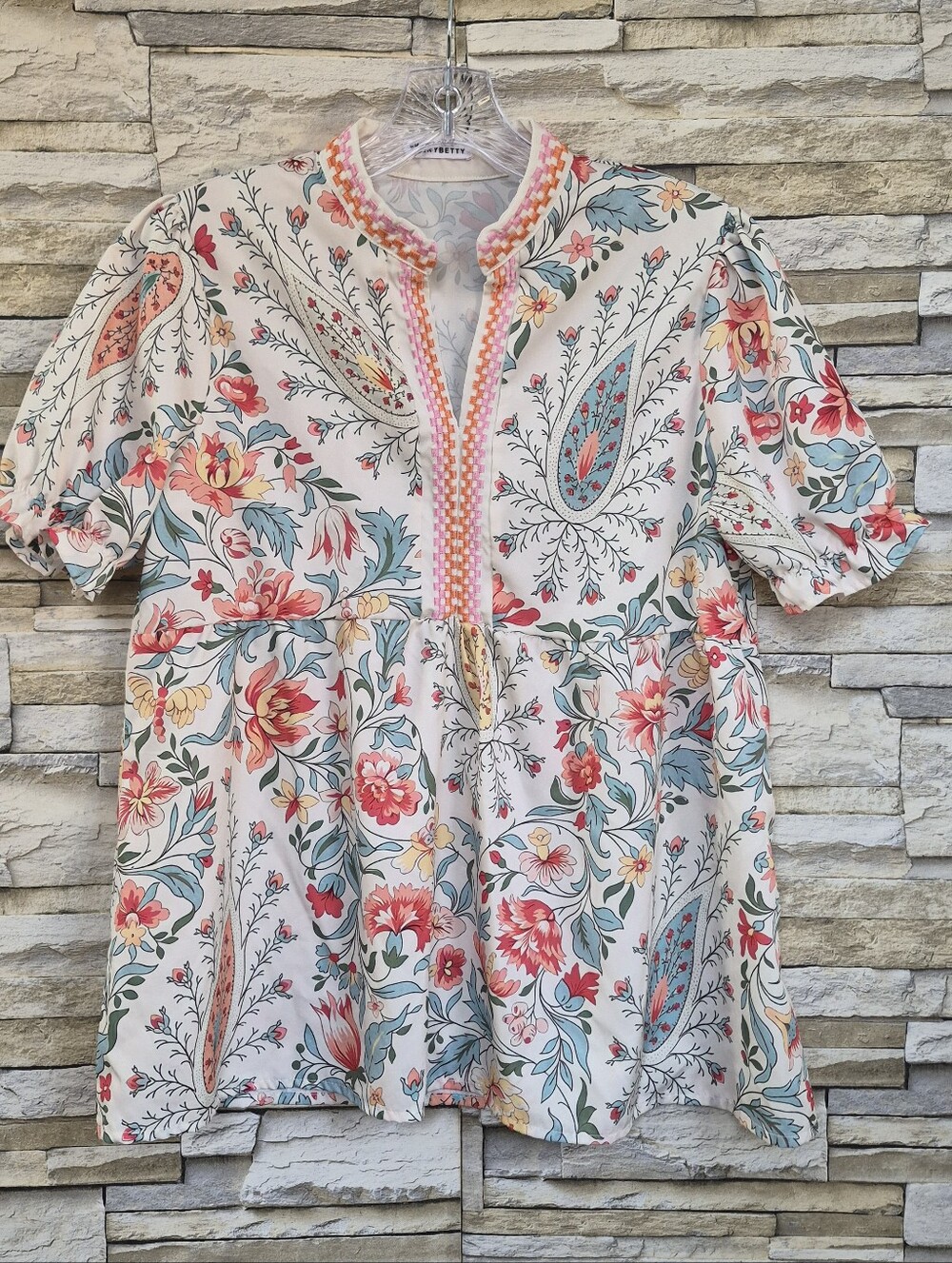 CHERYBETTY Blouse Women's Sz S Cream Floral Paisley Boho Peasant Floral Prairie